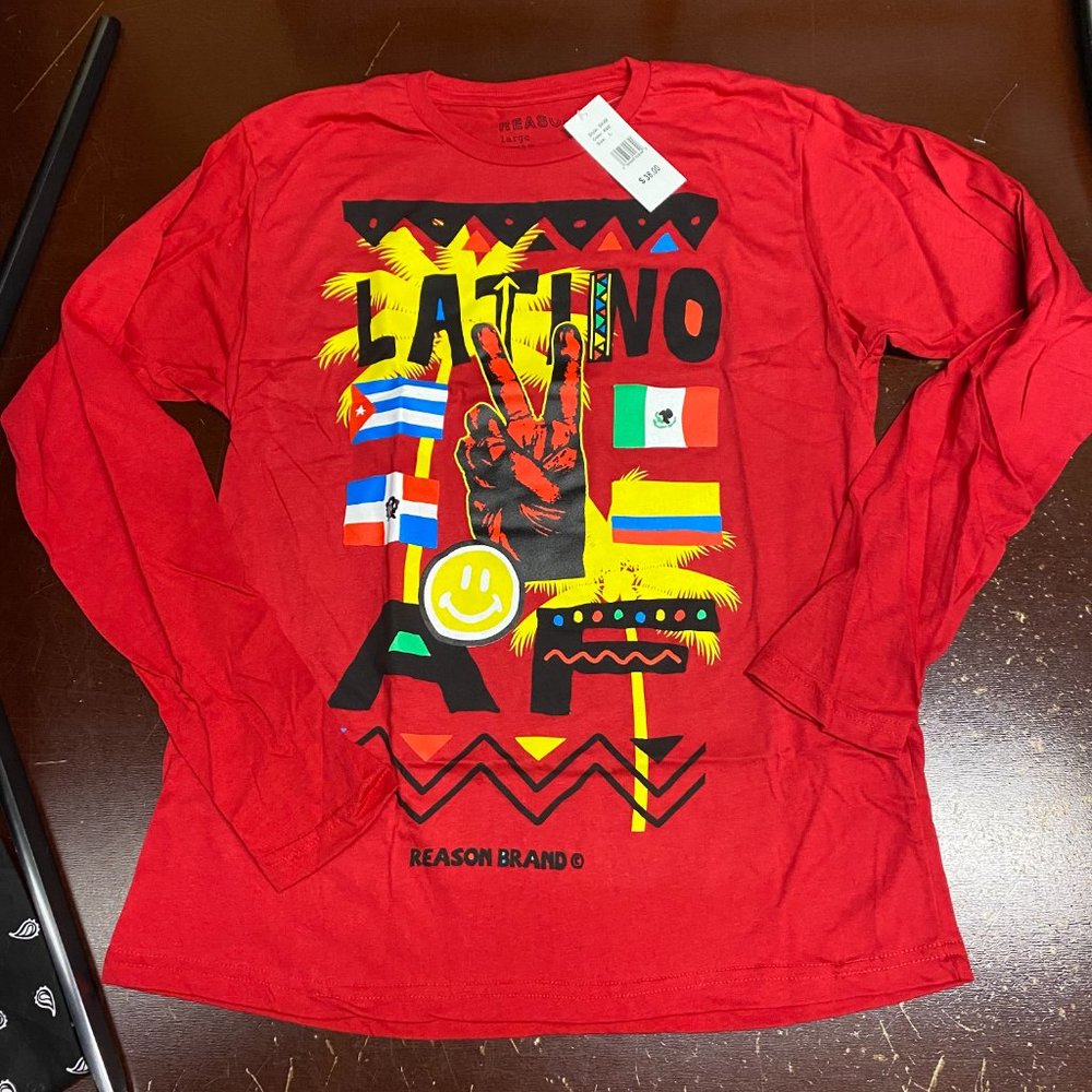 Reason Mens Red Latino AF Graphic Long Sleeves Pullover T Shirt Size Large